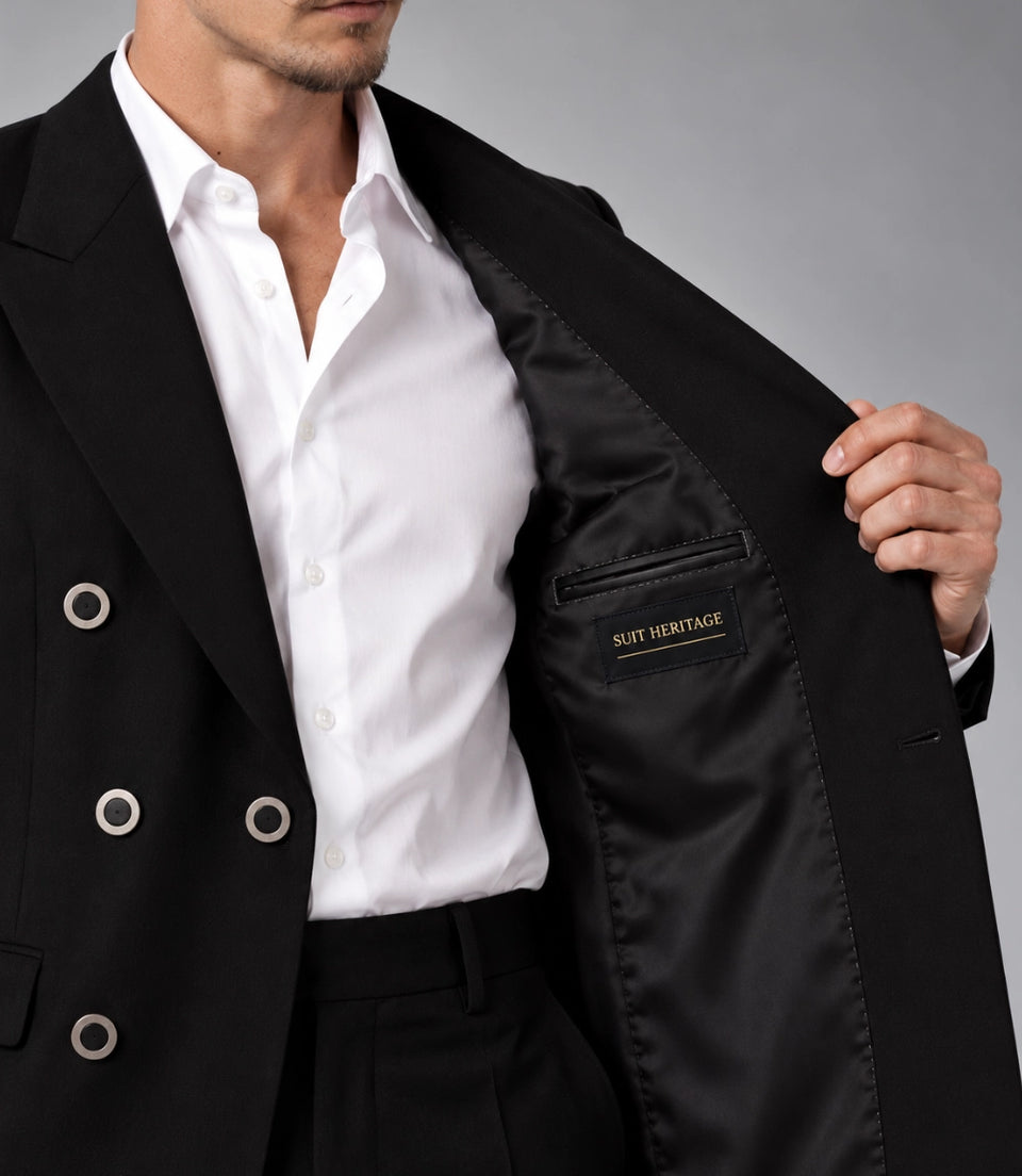 Men's Black Double Breasted Flared Pants Suit Inner  -  Suit Heritage