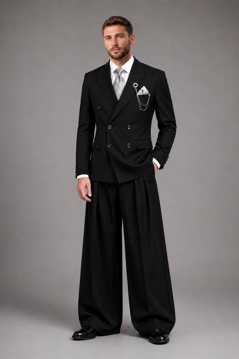 Men's Black Double Breasted Groom Wedding Suit - Suit Heritage
