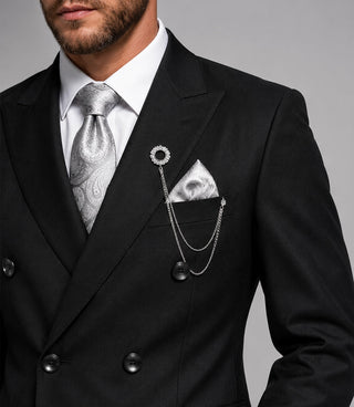 Men's Black Double Breasted Groom Wedding Suit closeup - Suit Heritage
