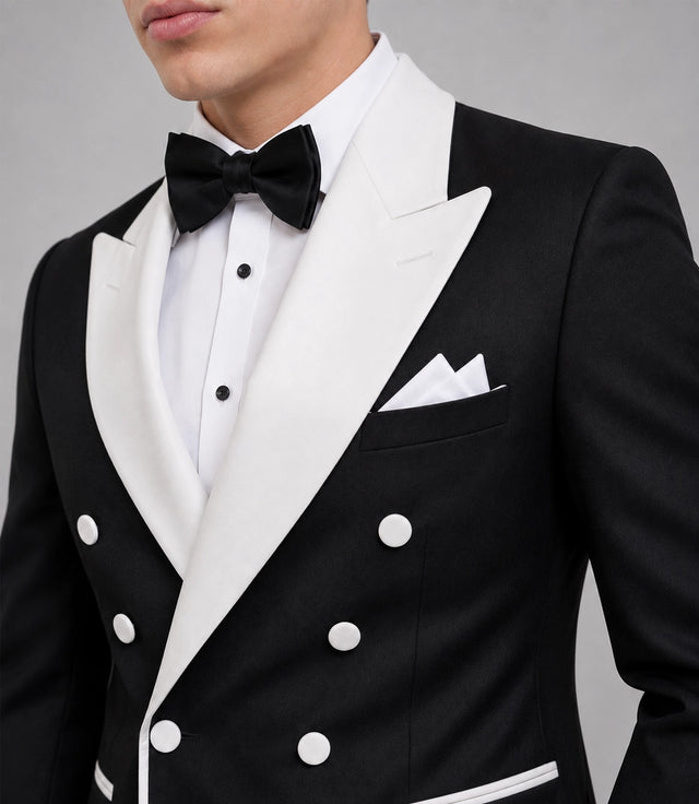 Men's Black Double Breasted Groom Wedding Tuxedo Closeup - Suit Heritage