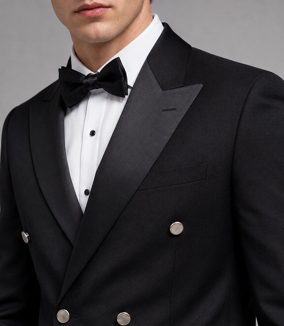 Men's Black Double Breasted Groomsmen Tuxedo Closeup -  Suit Heritage