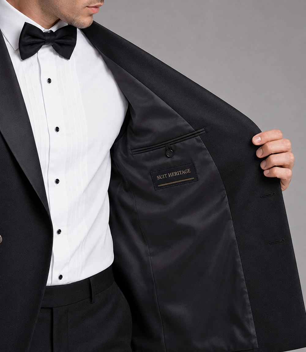 Men's Black Double Breasted Groomsmen Tuxedo Inner  -  Suit Heritage