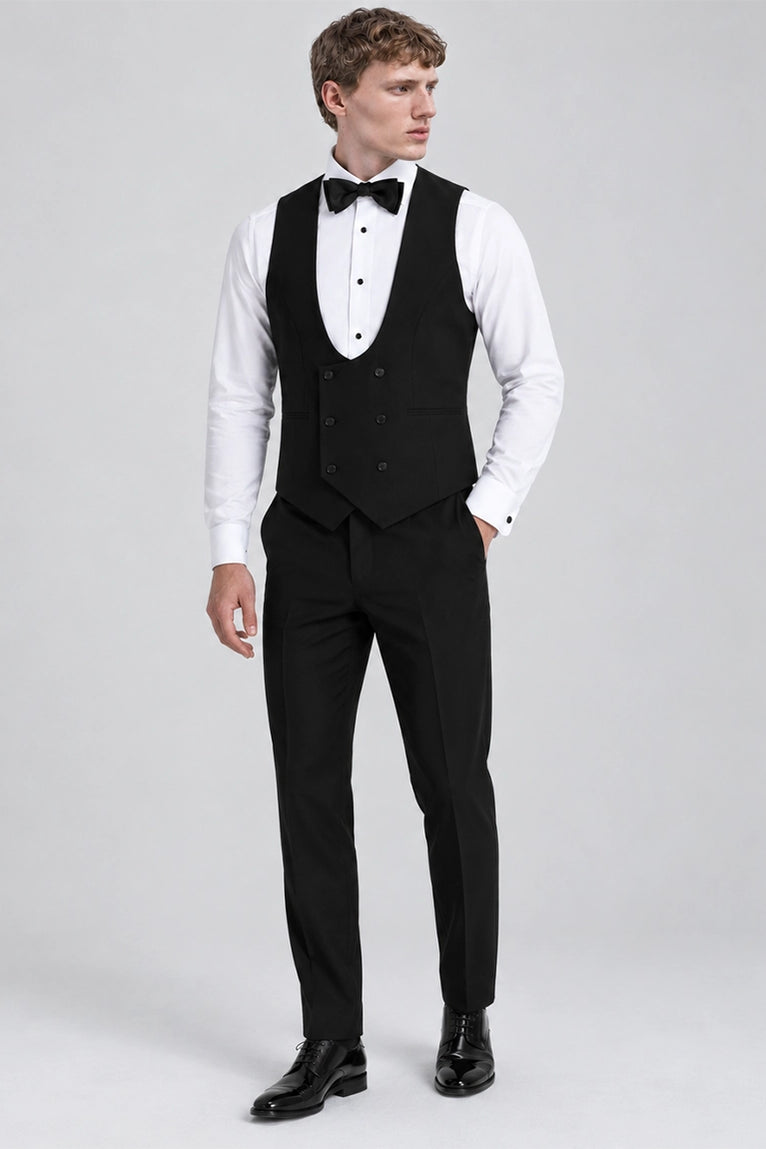Men's Black Double Breasted U-Shaped Vest Suit - Suit Heritage