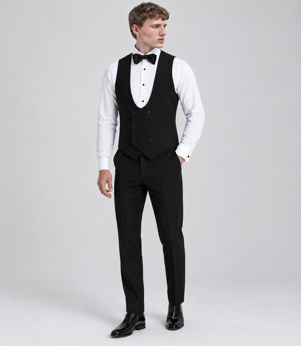 Men's Black Double Breasted U-Shaped Vest Suit - Suit Heritage