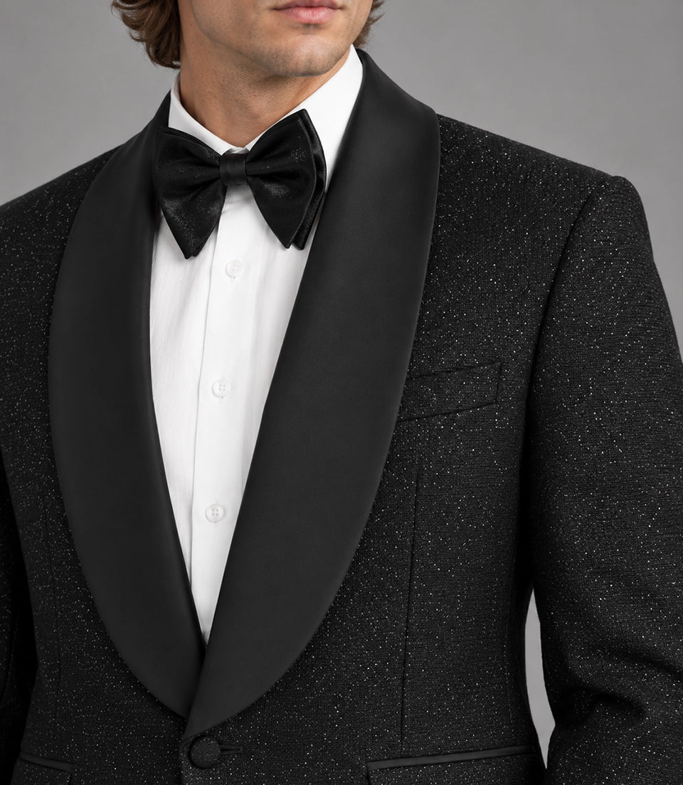 Men's Black Glitter Shawl Lapel Tuxedo Closeup - Suit Heritage
