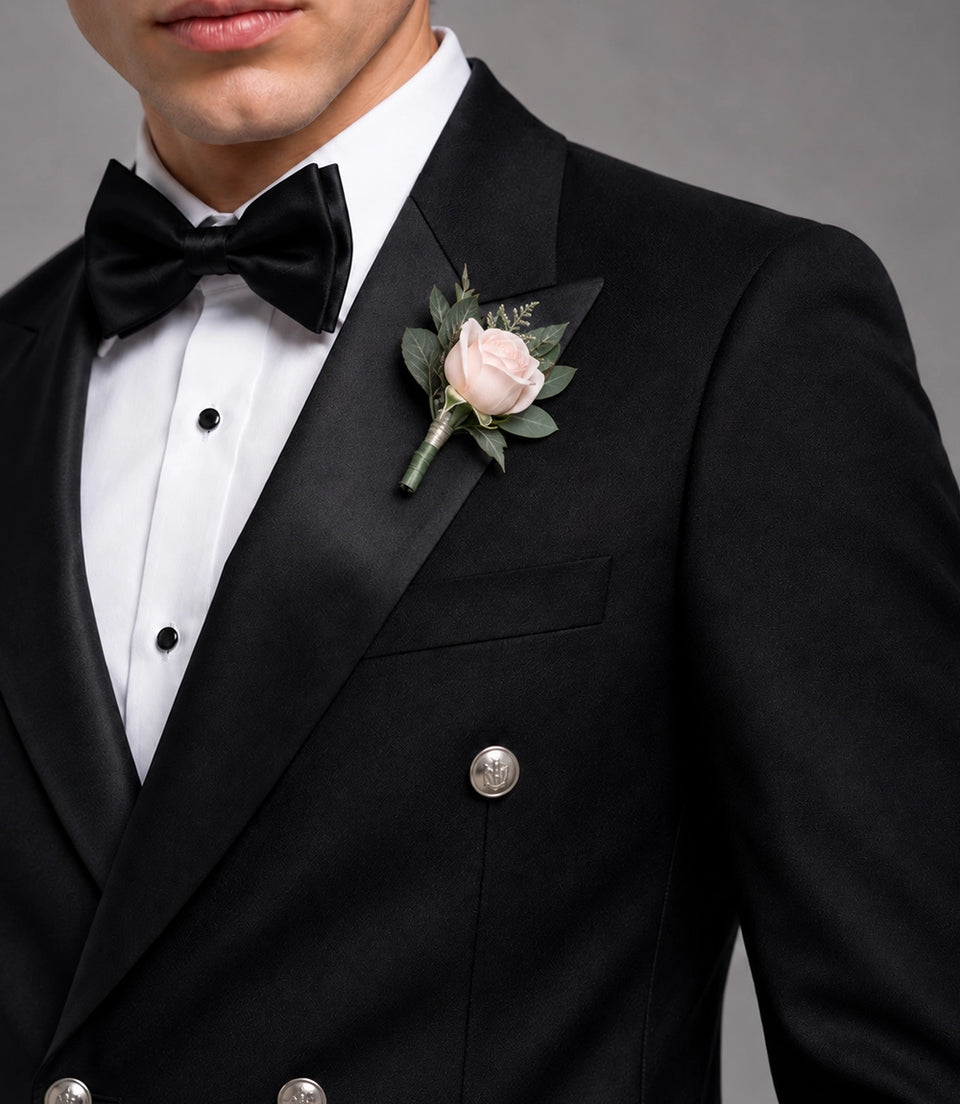 Men's Black Groomsmen Wedding Suit Closeup   -  Suit Heritage