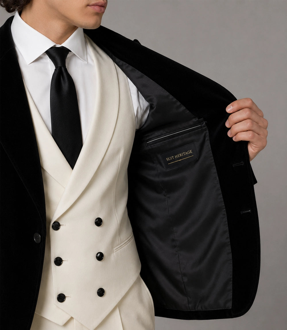 Men's Black & Ivory 3 Piece Wedding Suit Inner -  Suit Heritage