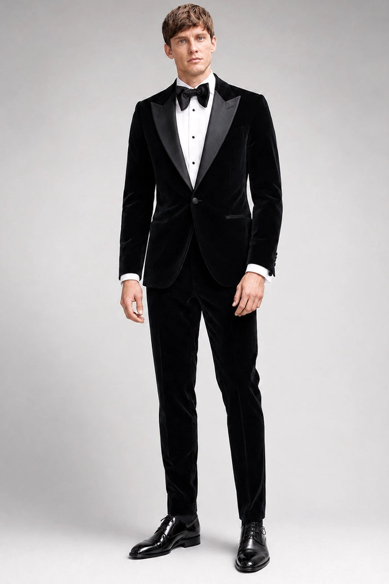 Men's Black Peak Lapel Velvet Tuxedo  - Suit Heritage