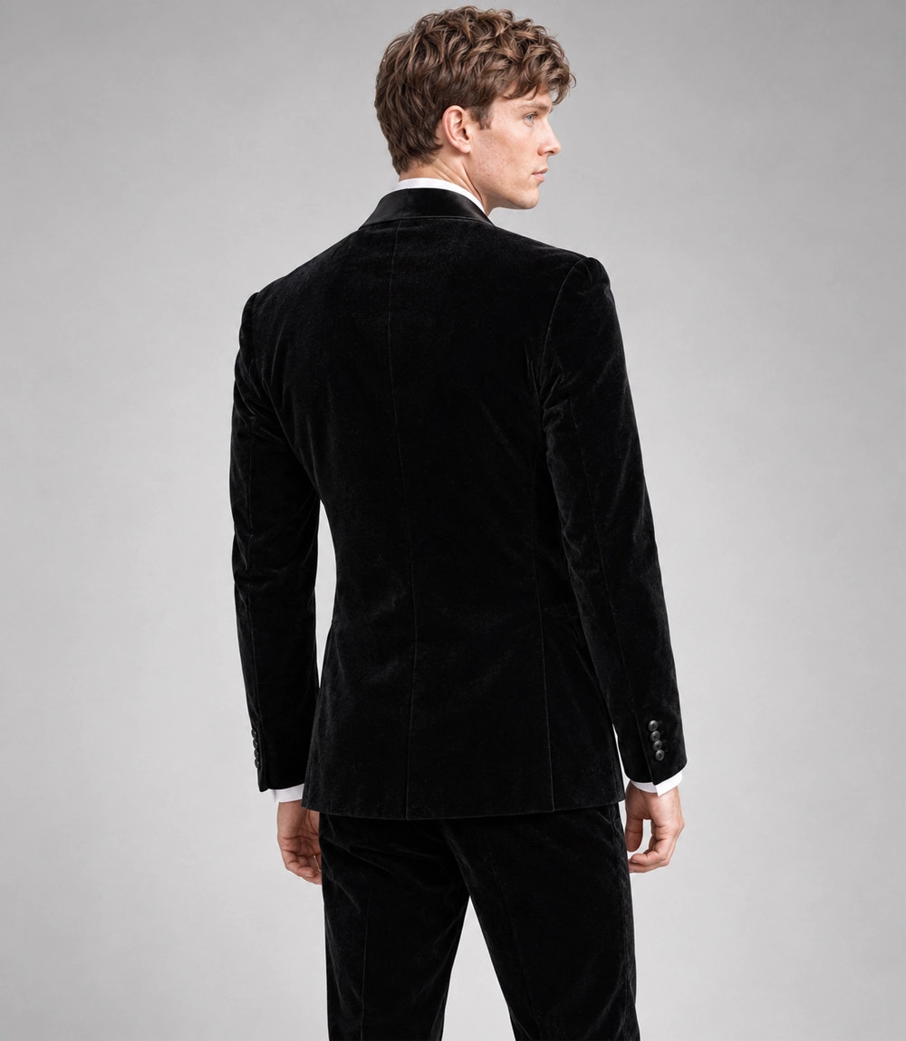 Men's Black Peak Lapel Velvet Tuxedo Back - Suit Heritage