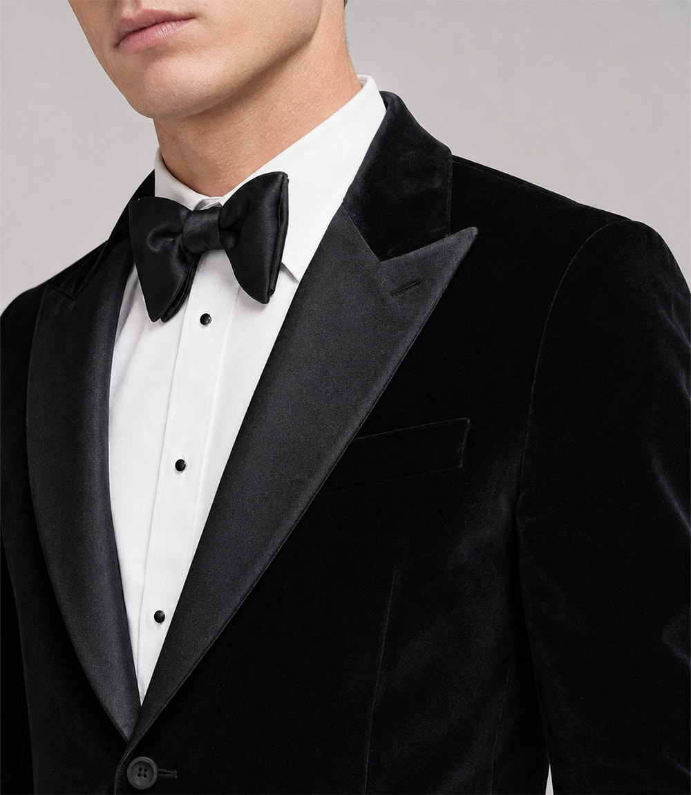 Men's Black Peak Lapel Velvet Tuxedo Closeup - Suit Heritage