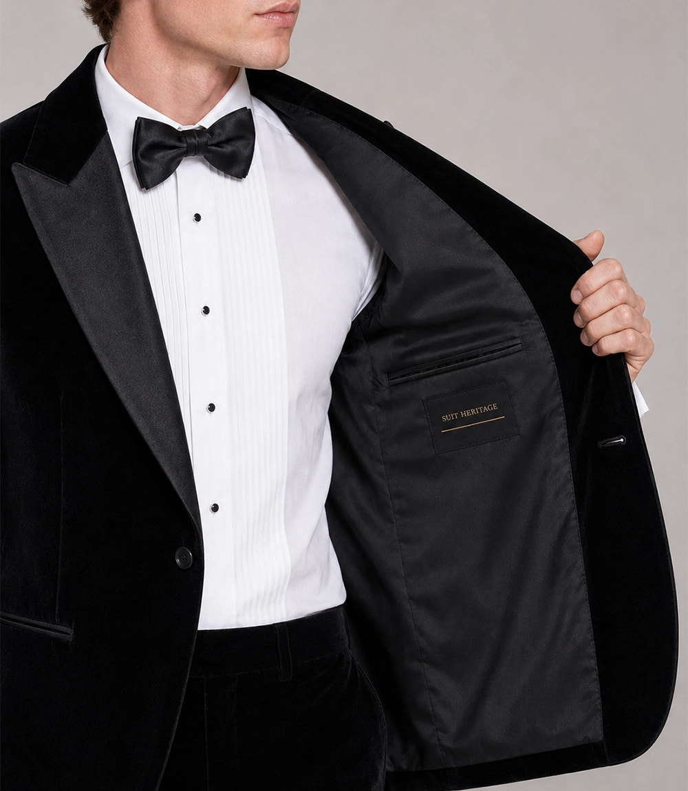 Men's Black Peak Lapel Velvet Tuxedo Inner  - Suit Heritage