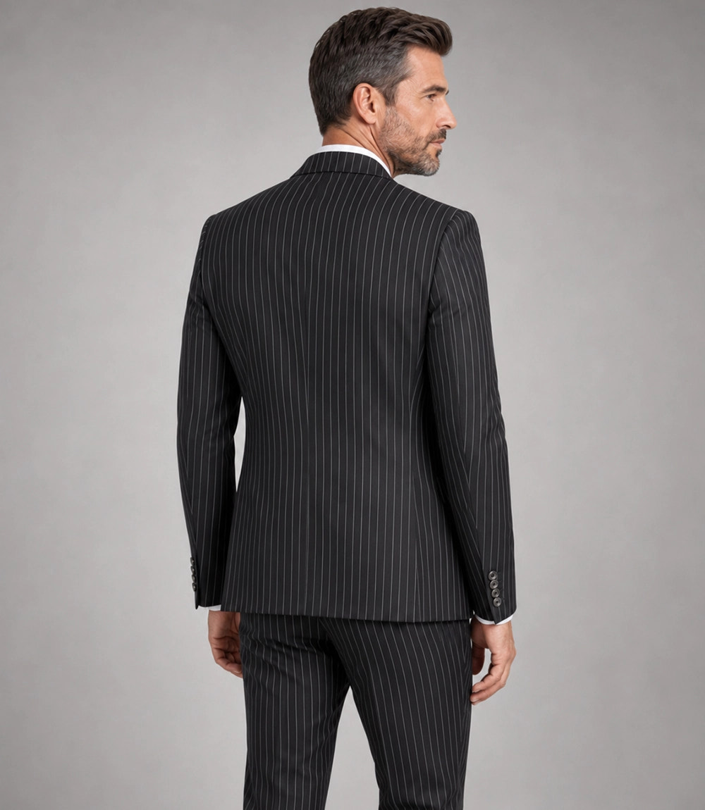 Men's Black Pinstripe Double Breasted Suit Back - Suit Heritage