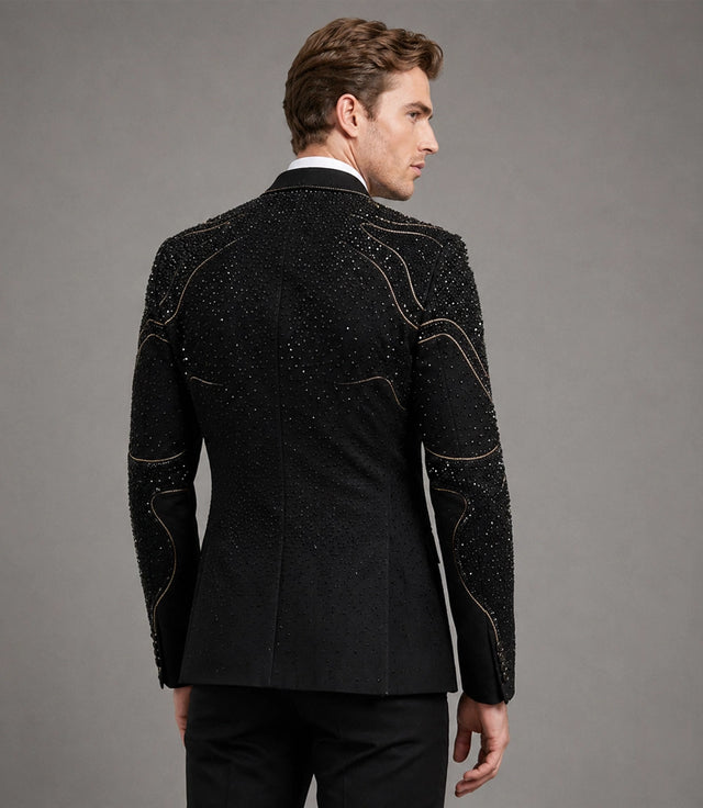 Men's Black Rhinestone Embellished Two Piece Wedding Suit Back -  Suit Heritage