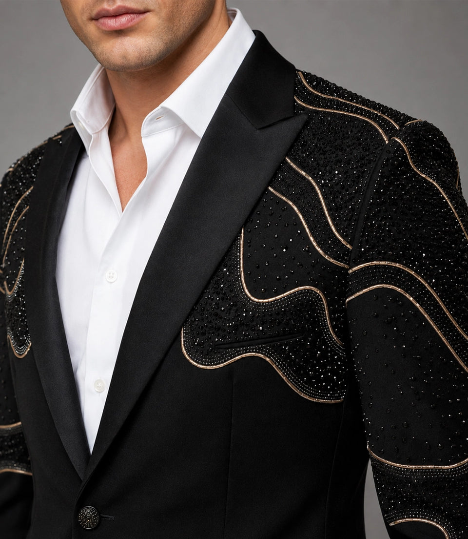 Men's Black Rhinestone Embellished Two Piece Wedding Suit Closeup -  Suit Heritage