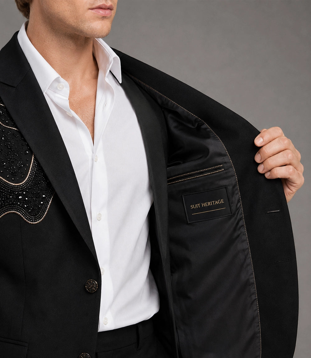 Men's Black Rhinestone Embellished Two Piece Wedding Suit Inner -  Suit Heritage