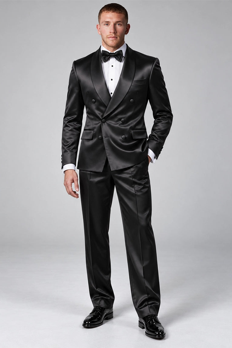 Men's Black Satin Double Breasted Tuxedo - Suit Heritage
