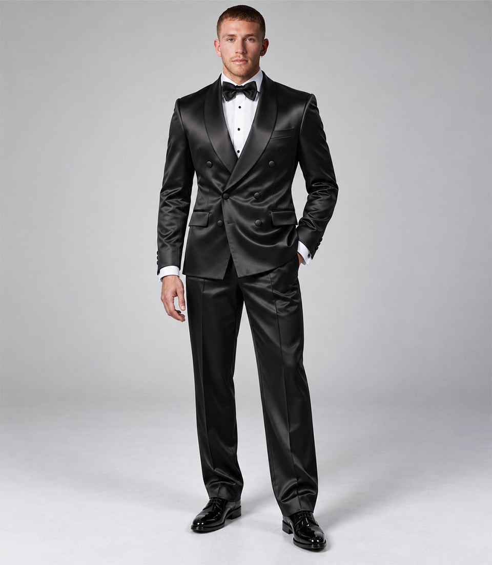 Men's Black Satin Double Breasted Tuxedo - Suit Heritage