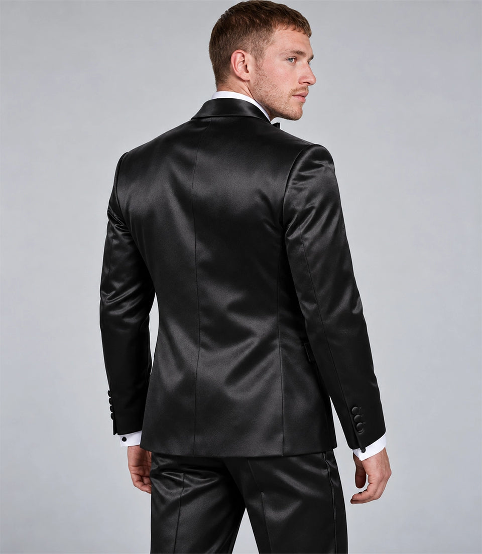 Men's Black Satin Double Breasted Tuxedo Back - Suit Heritage