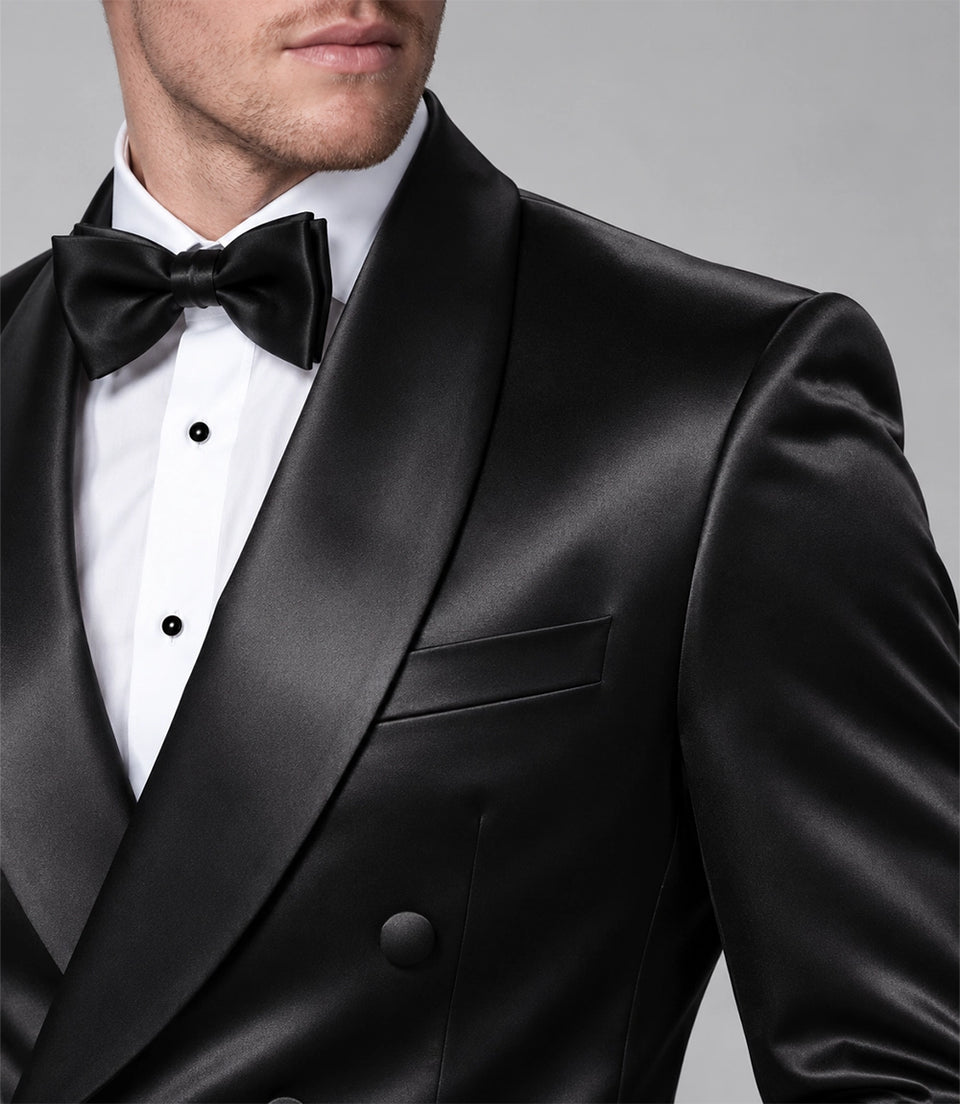 Men's Black Satin Double Breasted Tuxedo Closeup - Suit Heritage