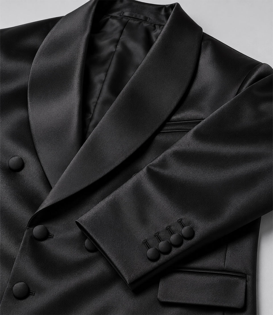 Men's Black Satin Double Breasted Tuxedo Fabric - Suit Heritage