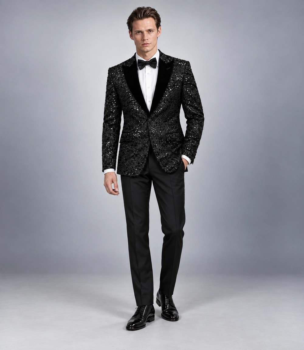 Men's Black Sequin Velvet Tuxedo - Suit Heritage
