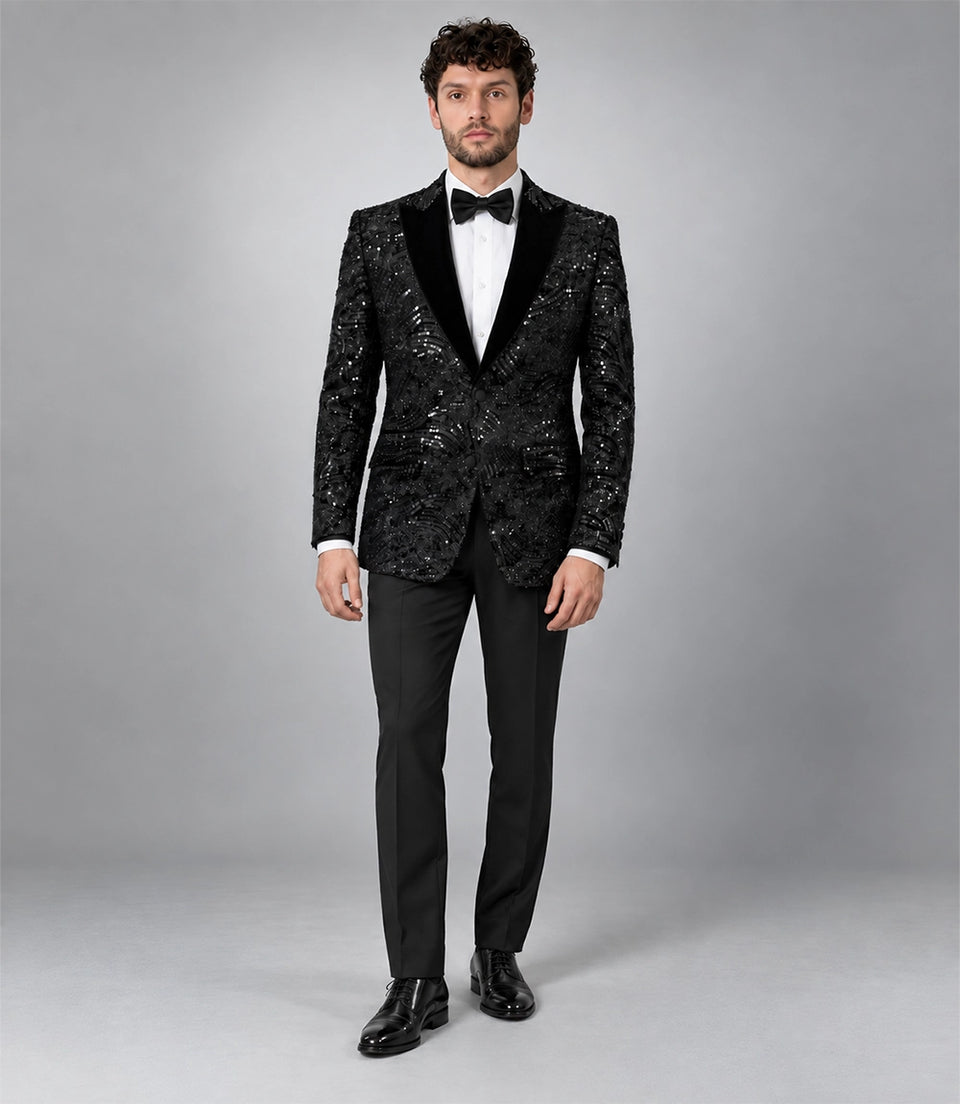 Men's Black Sequin Velvet Tuxedo - Suit Heritage