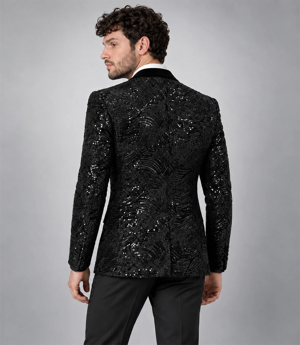 Men's Black Sequin Velvet Tuxedo Back