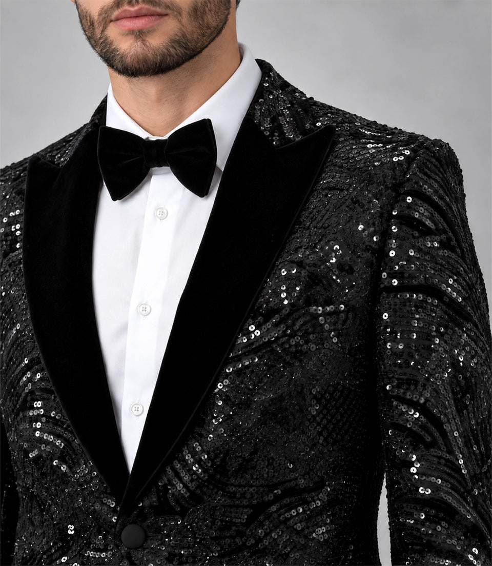 Men's Black Sequin Velvet Tuxedo Closeup - Suit Heritage