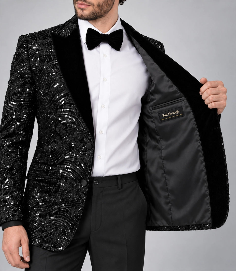 Men's Black Sequin Velvet Tuxedo Inner - Suit Heritage