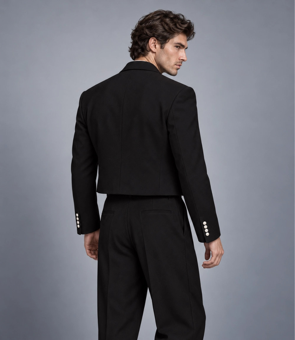 Men's Black Single Breasted Cropped Suit Back  -  Suit Heritage