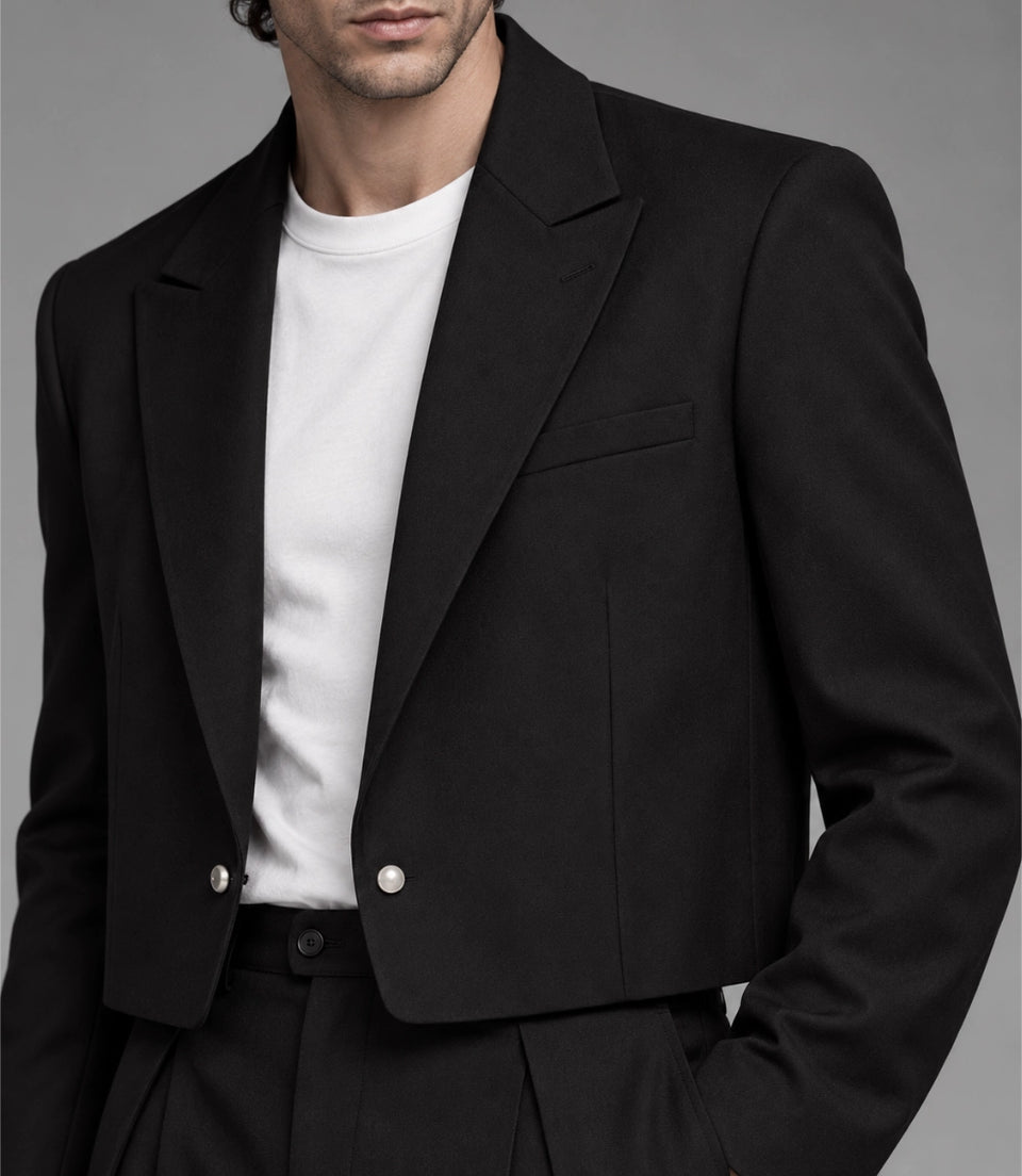 Men's Black Single Breasted Cropped Suit Closeup -  Suit Heritage