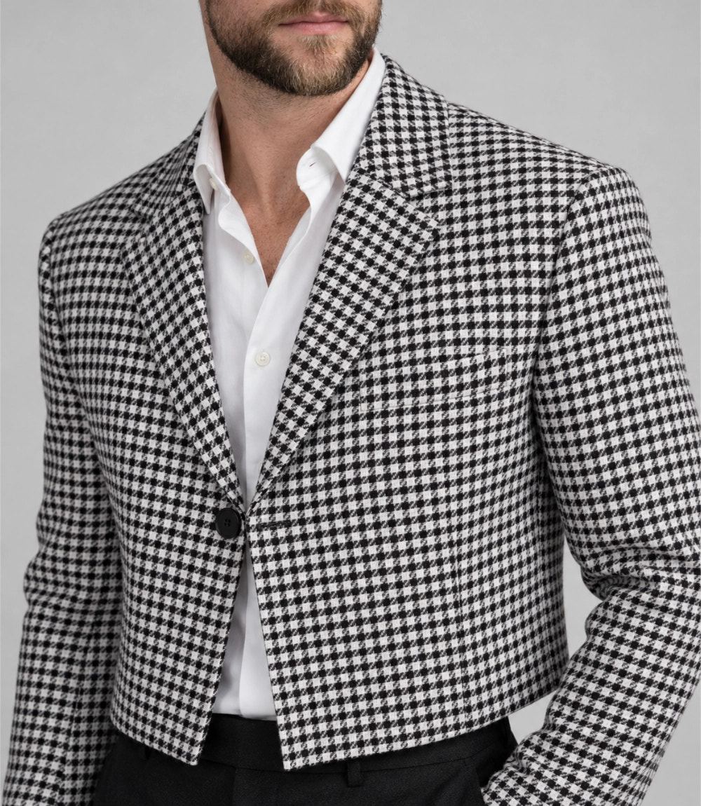 Men's Black & White Houndstooth Cropped Suit Closeup -  Suit Heritage