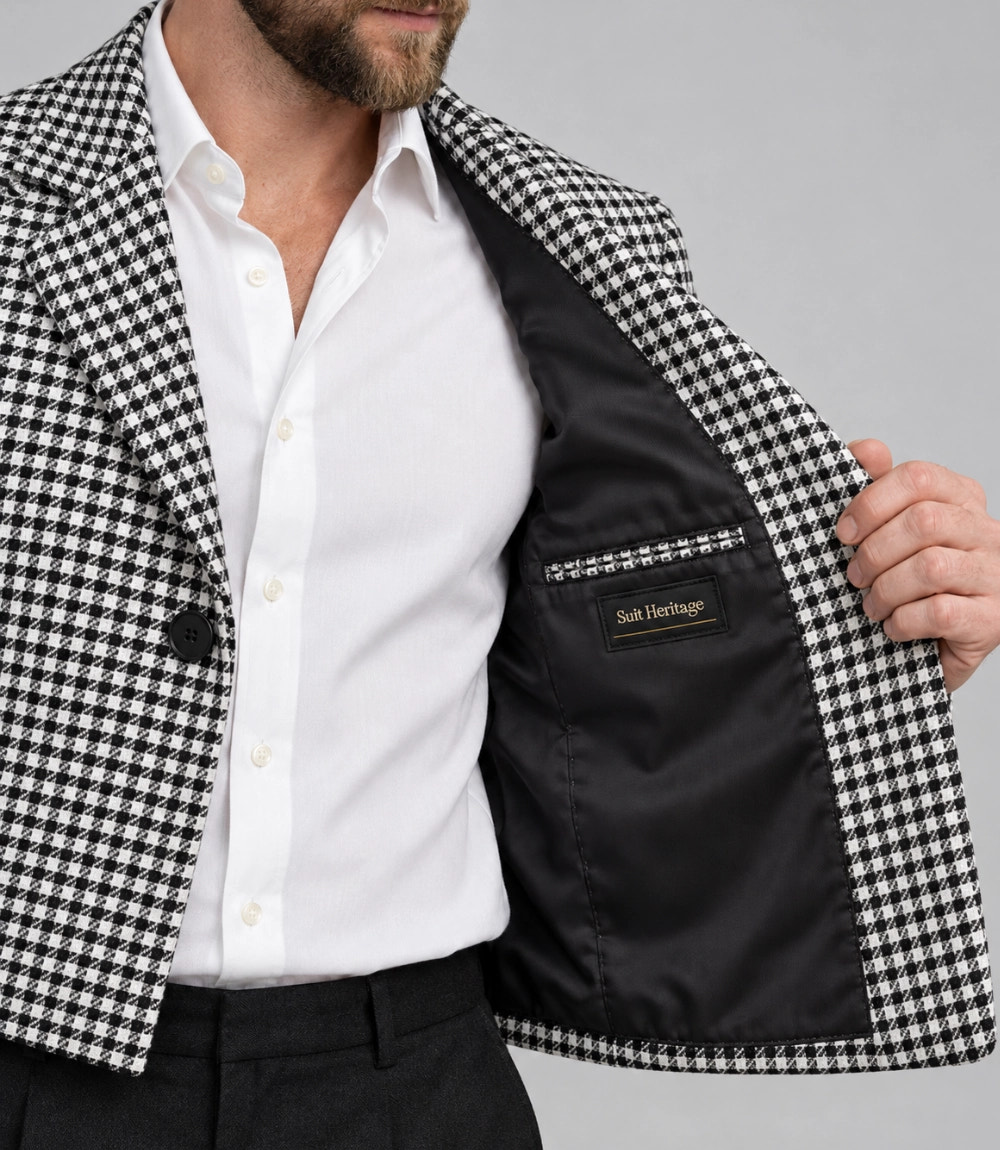 Men's Black & White Houndstooth Cropped Suit Inner  -  Suit Heritage