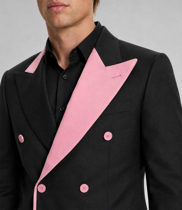 Men's Black and Pink Double Breasted Suit Closeup - Suit Heritage