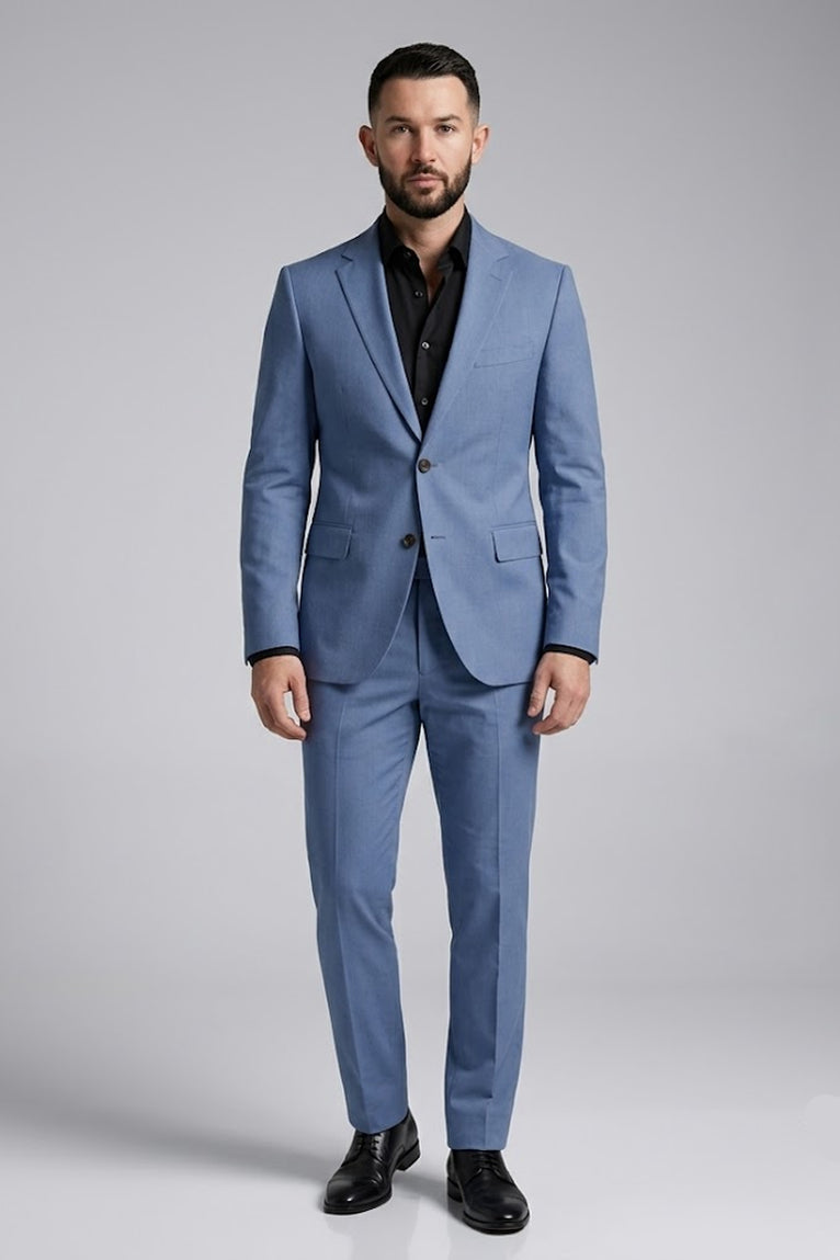 Men's Blue Solid Cotton 2 Piece Suit - Suit Heritage