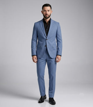Men's Blue Solid Cotton 2 Piece Suit - Suit Heritage
