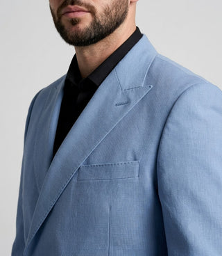 Men's Blue Solid Cotton 2 Piece Suit Closeup - Suit Heritage