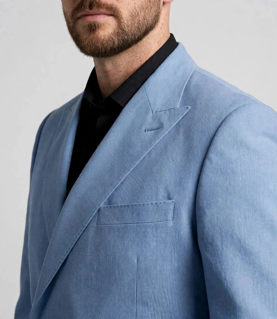 Men's Blue Solid Cotton 2 Piece Suit Closeup -  Suit Heritage