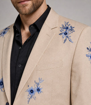 Men's Blue floral hand embroidered Suit Closeup - Suit Heritage