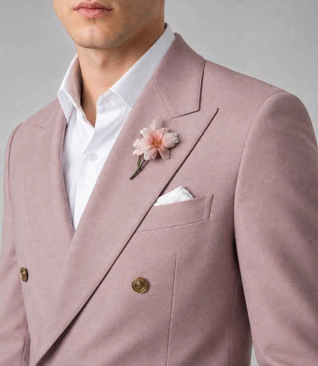 Men's Blush Pink Double Breasted Groom Wedding Suit  Closeup - Suit Heritage
