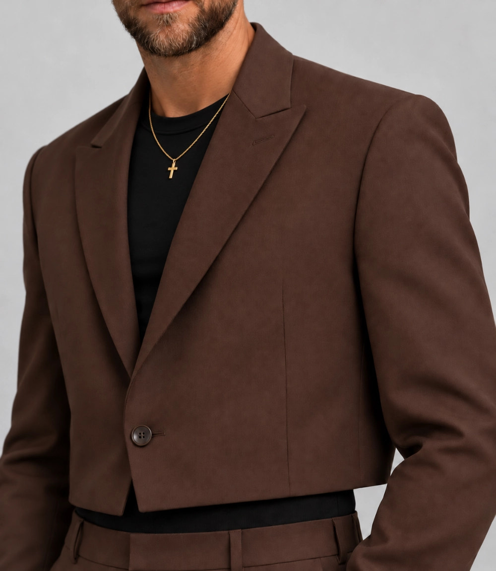 Men's Brown Cropped Blazer Suit Closeup  -  Suit Heritage