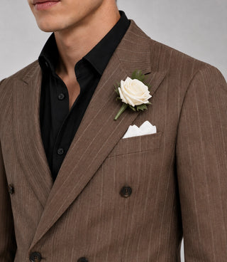 Men's Brown Pinstripe Double Breasted Suit Closeup - Suit Heritage