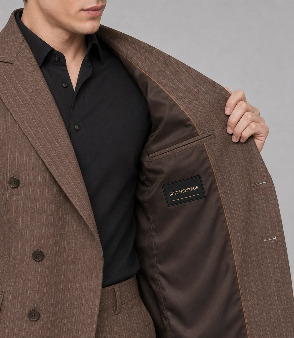 Men's Brown Pinstripe Double Breasted Suit  Inner - Suit Heritage