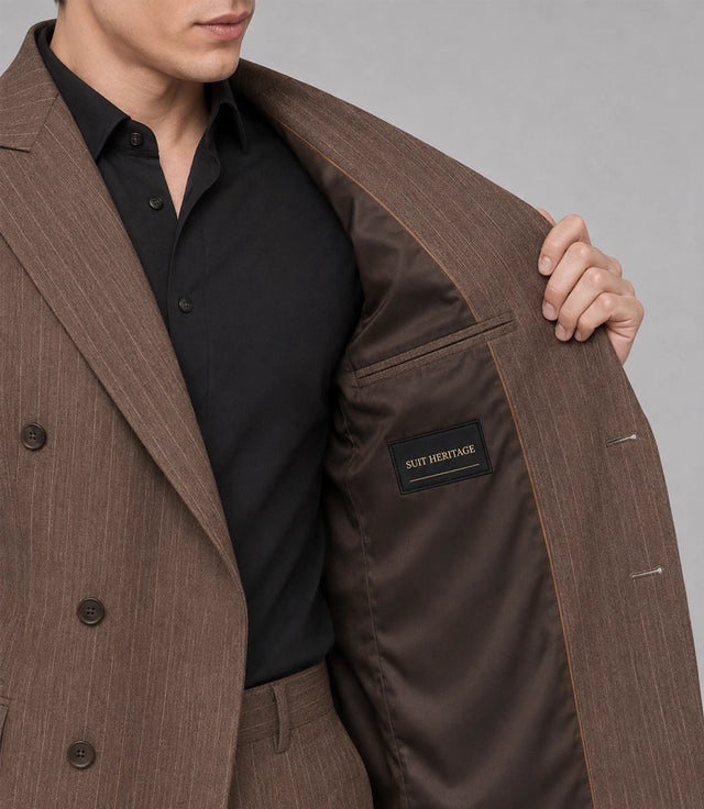 Men's Brown Pinstripe Double Breasted Suit  Inner - Suit Heritage