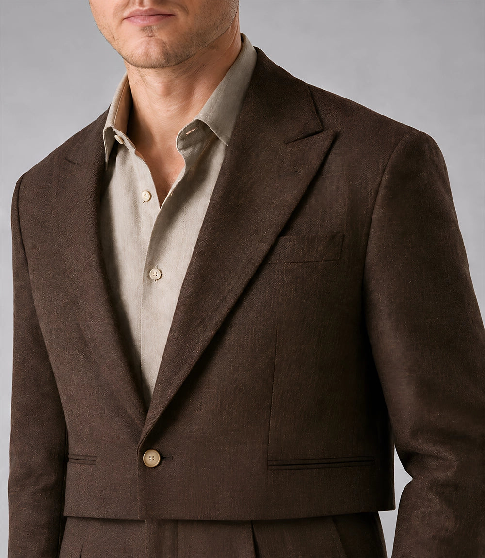 Men's Brown Relaxed Fit Cropped Suit Closeup  Suit Heritage