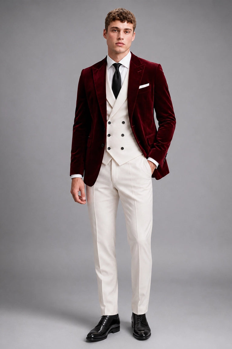 Men's Burgundy And Ivory Wedding Velvet Suit - Suit Heritage