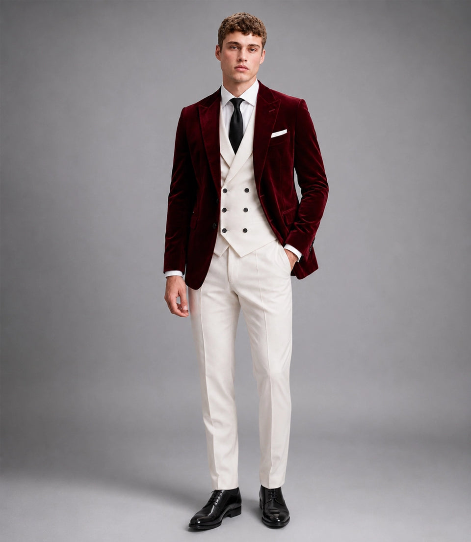 Men's Burgundy And Ivory Wedding Velvet Suit - Suit Heritage