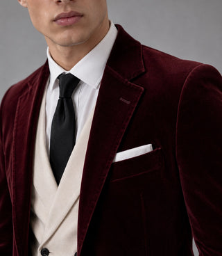 Men's Burgundy And Ivory Wedding Velvet Suit  Closeup -  Suit Heritage
