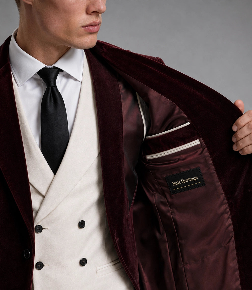 Men's Burgundy And Ivory Wedding Velvet Suit  Inner - Suit Heritage