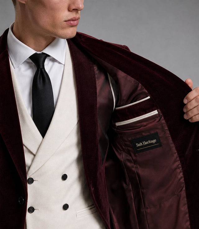 Men's Burgundy And Ivory Wedding Velvet Suit  Inner - Suit Heritage